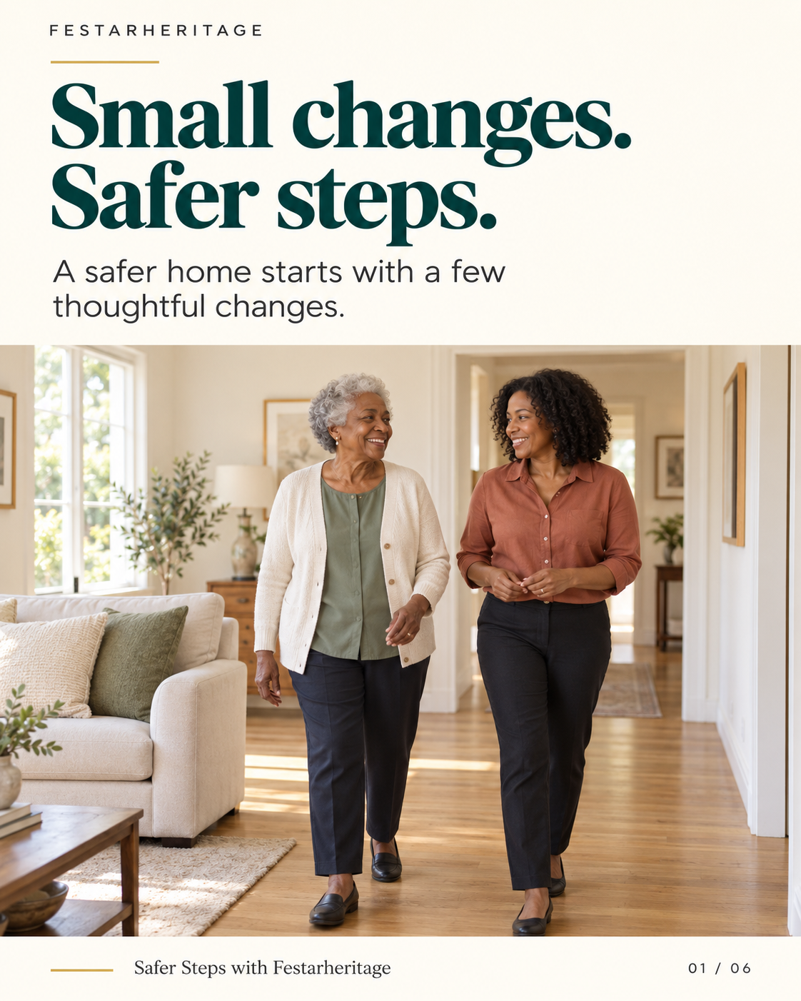 Safer Steps with Festarheritage cover slide showing an older adult and a younger family caregiver walking confidently down a bright hallway.