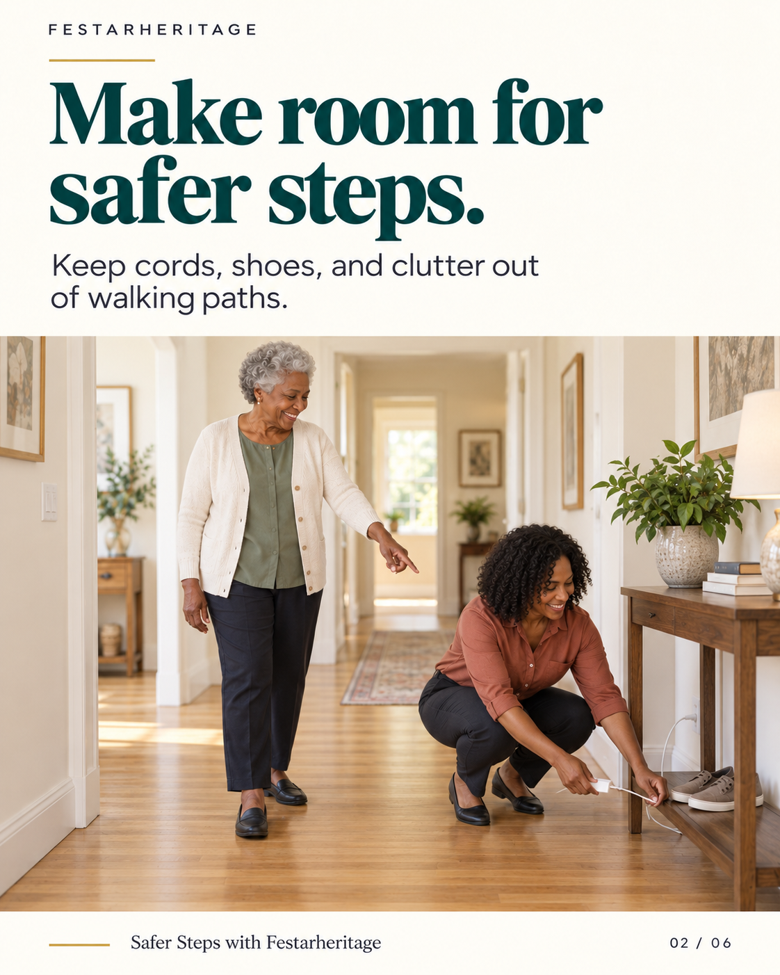 Make room for safer steps: Family caregiver clearing a charging cord and organizing shoes beneath a console table to keep walking paths clear.